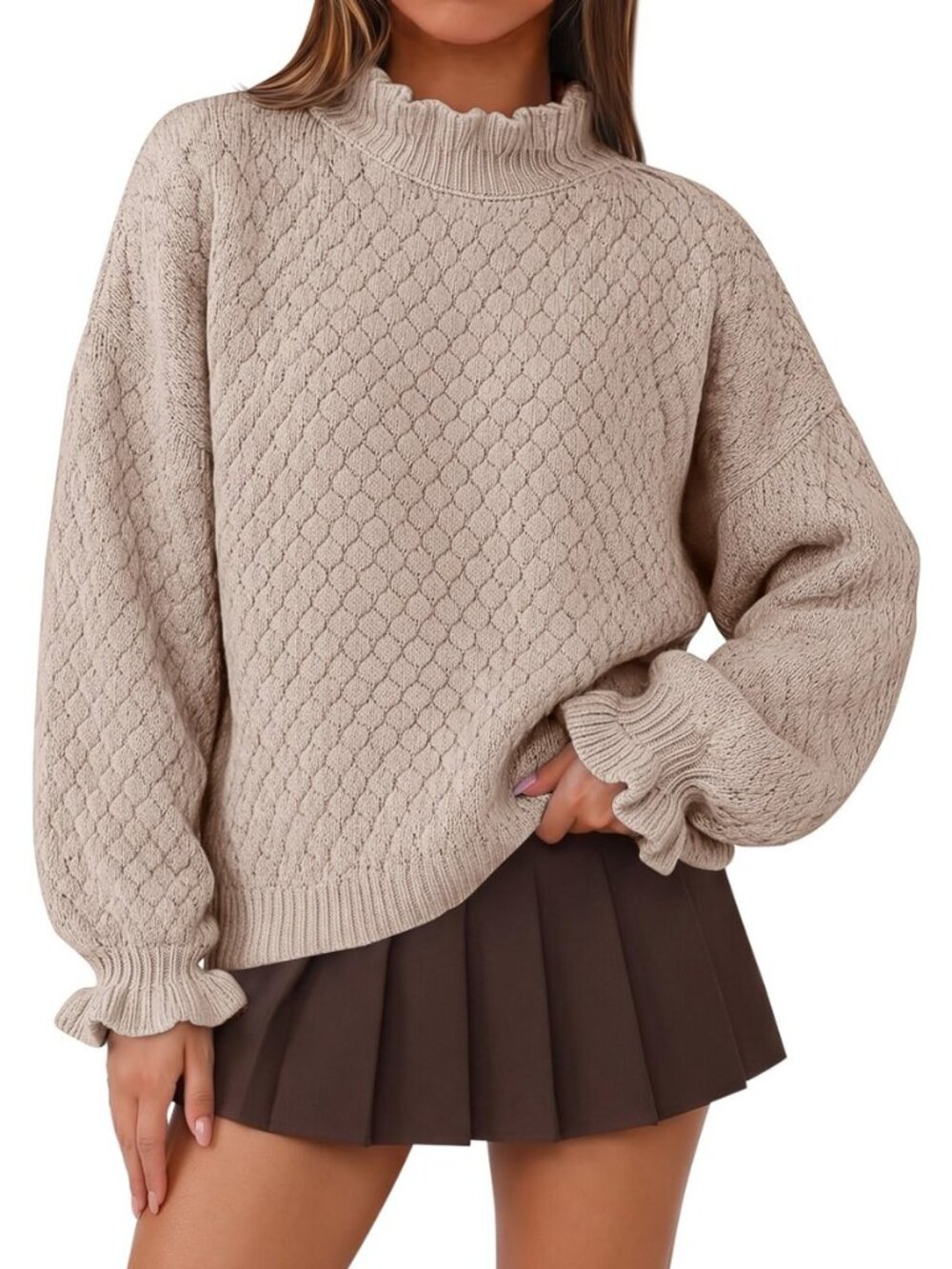 Women's Fall Oversized Sweaters Mock Neck Cable Knit Pullover Tops
